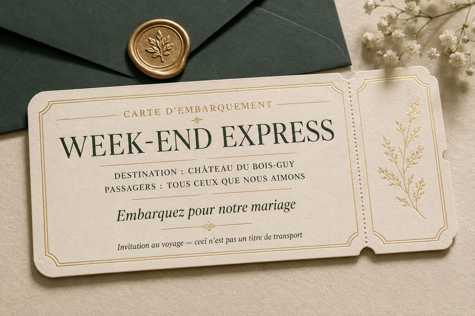 Faire-part de mariage photoréaliste en forme de carte d’embarquement pour le Château du Bois-Guy